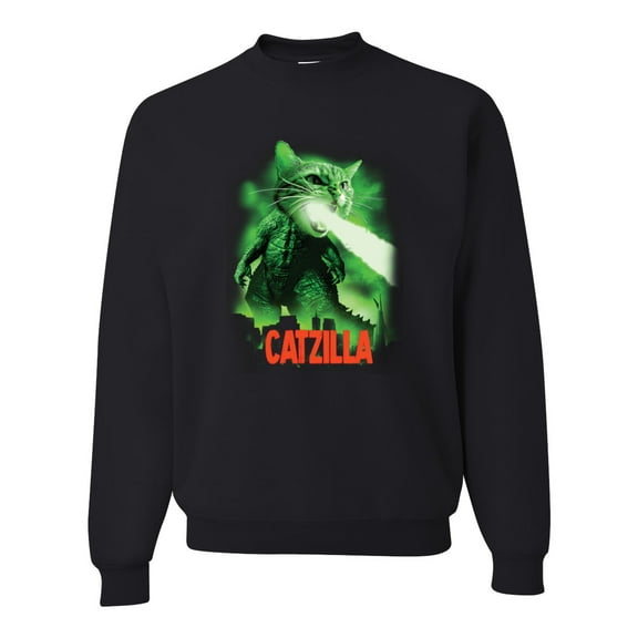 Catzilla Parody Taking Over City | Mens Cat Lover Crewneck Graphic Sweatshirt, Black, Small