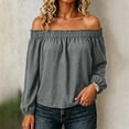 thumbnail image 2 of Tqcoqu Women's Off Shoulder Long Sleeve Cotton Linen Blouse, Elastic Ruffle Neckline Puff Sleeve Casual Solid Top, 2 of 7