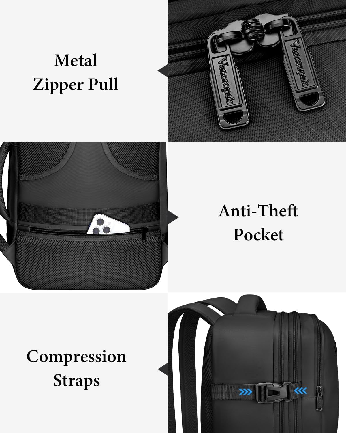 Vancropak Expandable Carry on Backpack, Flight Approved 40L Travel Backpack with 3 Packing Cubes for Men Women, Black