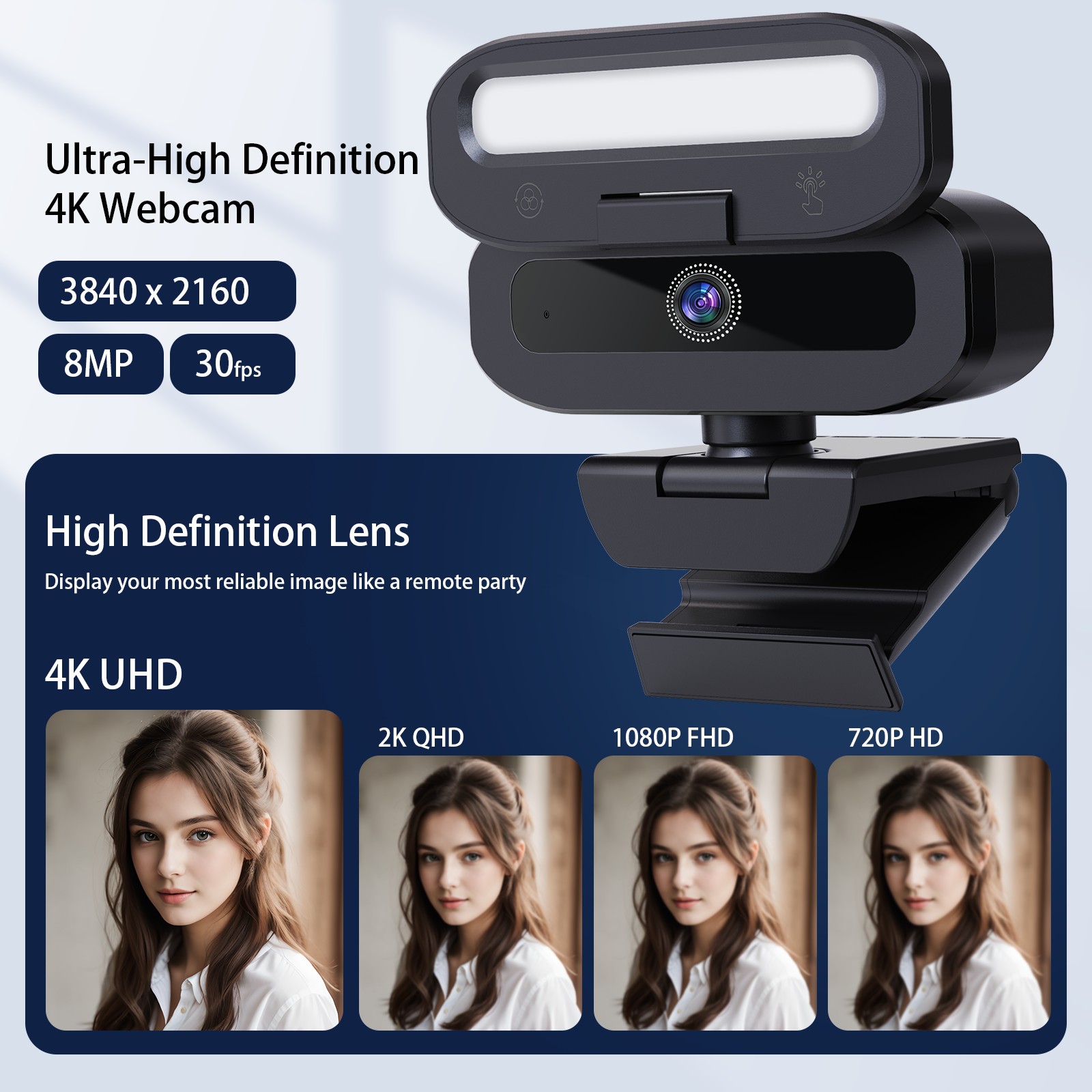 B09-4K 4K Webcam with Privacy Shutter & Fill Light, USB , 1.5M Cable & Type-C Adapter, Flexible Mount for Li