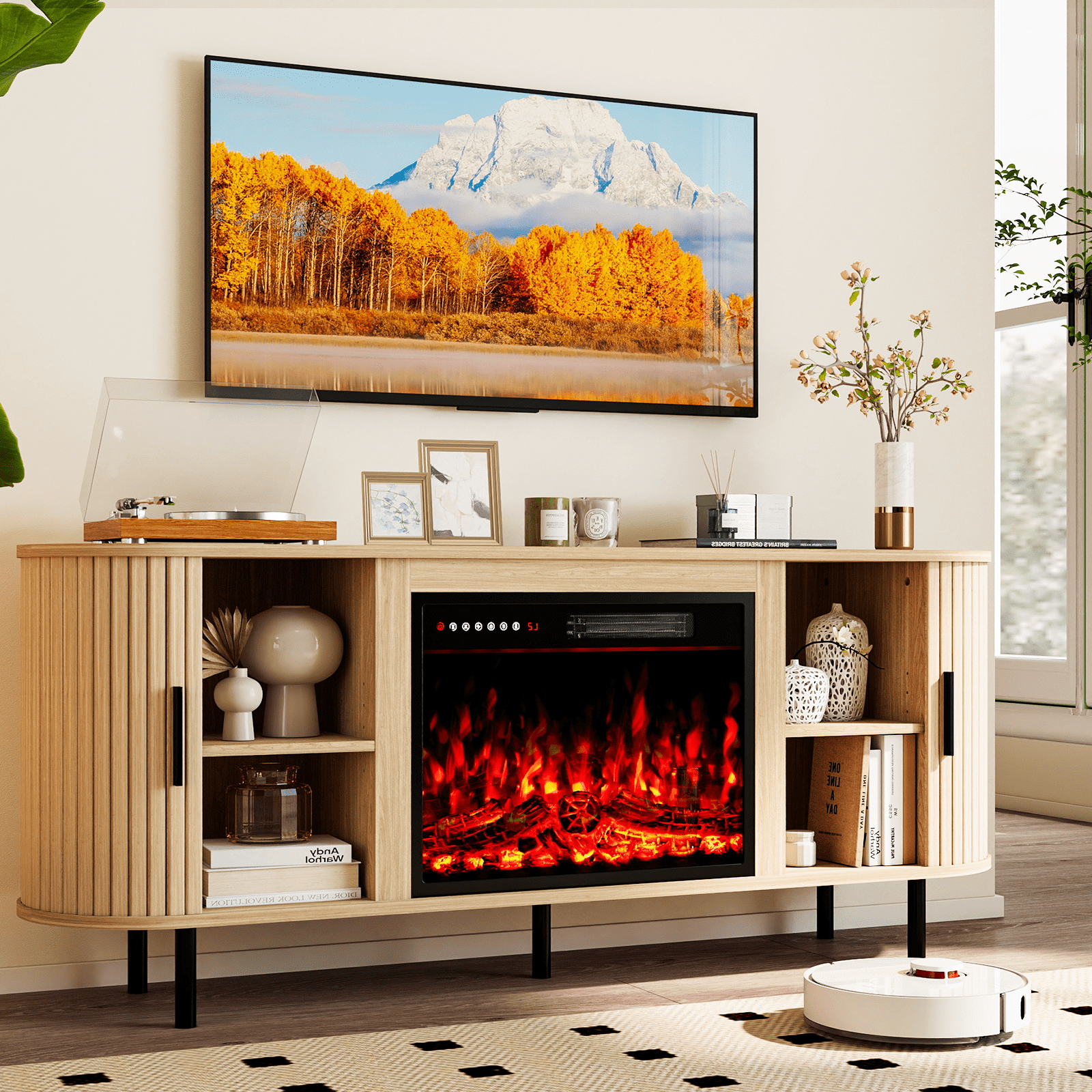 Rocyis 65" Modern Fireplace TV Stand for TVs Up to 75'', Fluted Entertainment Center with Electric Fireplace, Media Console Cabinet for Living Room, Natural Oak