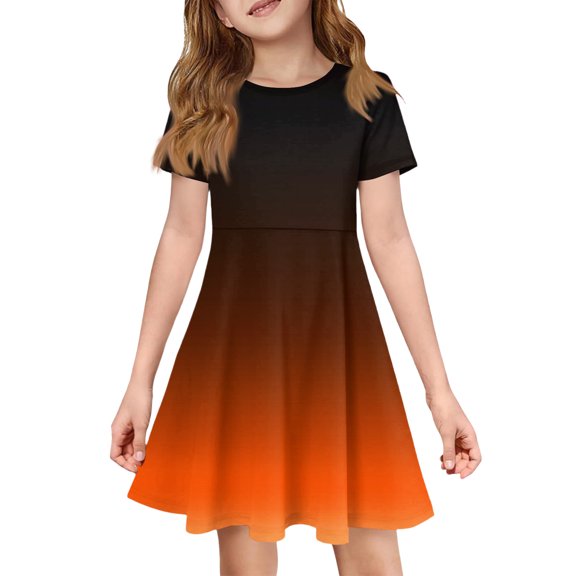 XADYUY Summer Dress for Girls 7-8 Casual A-Line Short Sleeve Midi Dress Gradient Crew Neck Sundresses Swing Dresses with Pockets,11-12Years,Orange