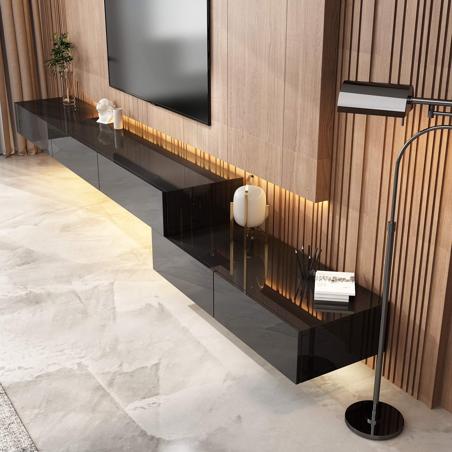 KULAGAGA Floating Wall Mounted TV Stand Media Console with High Gloss Drawers and Led Lights for Living Room, Black