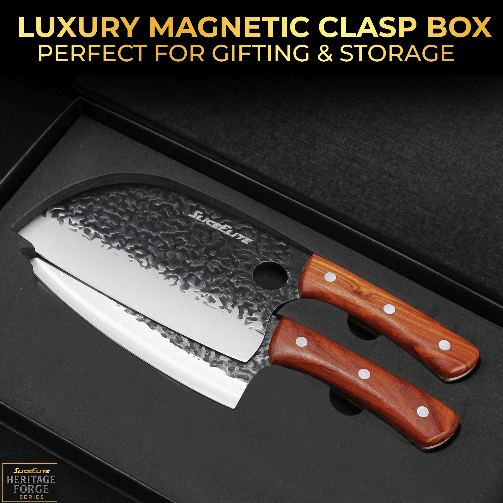 SliceElite 2PCS Hand-Forged Chef Knife Set | Viking & Serbian Knives for Meat Cutting | Professional Kitchen Tools with Gift Box for BBQ Cooking