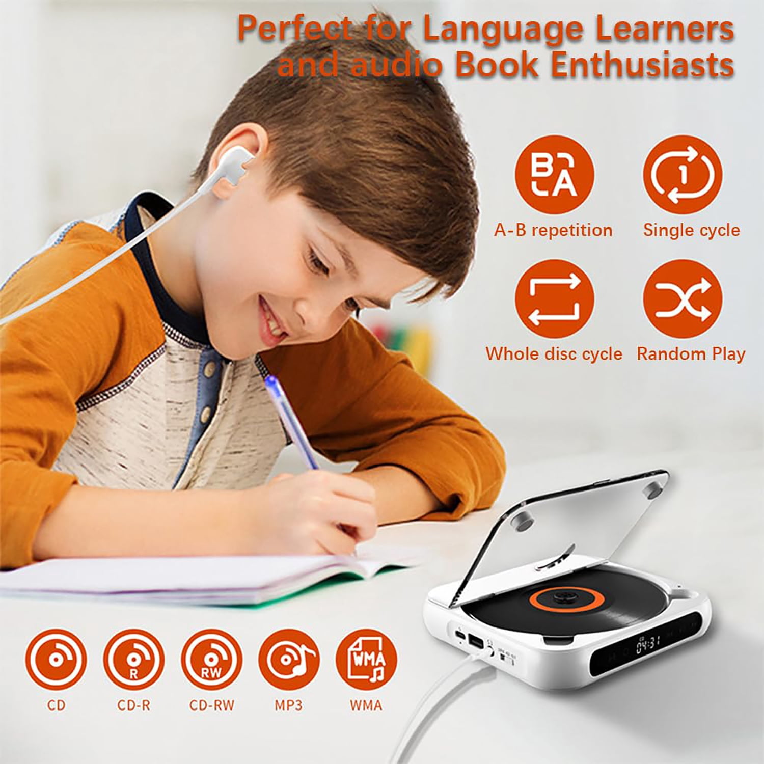 Portable CD Player with Bluetooth 5.1, FM Radio & USB Playback – Dustproof Cover, LED Display, Remote Control, A-B Repeat – Includes Earphones, Compatible with BT Speakers & Headphones