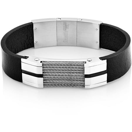 Crucible Stainless Steel Cable Inlay Black Leather ID Bracelet