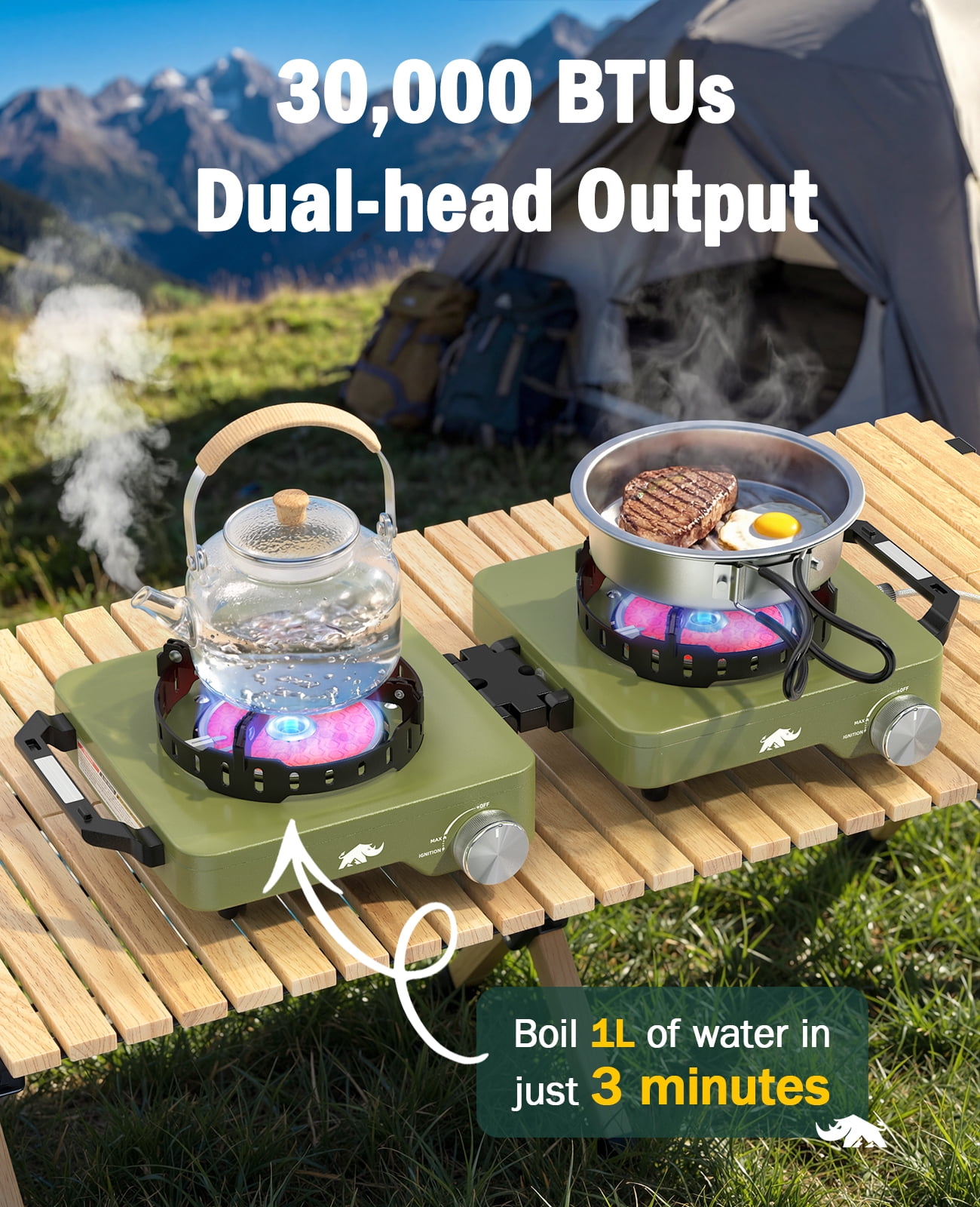 Rhino Valley 2 Propane Burners Camping Stove, 30,000 BTU Folding Camp Stove with Windproof Grates and Frying Pan, Portable Camping Stoves with Carrying Bag, Camping Essentials ,Green