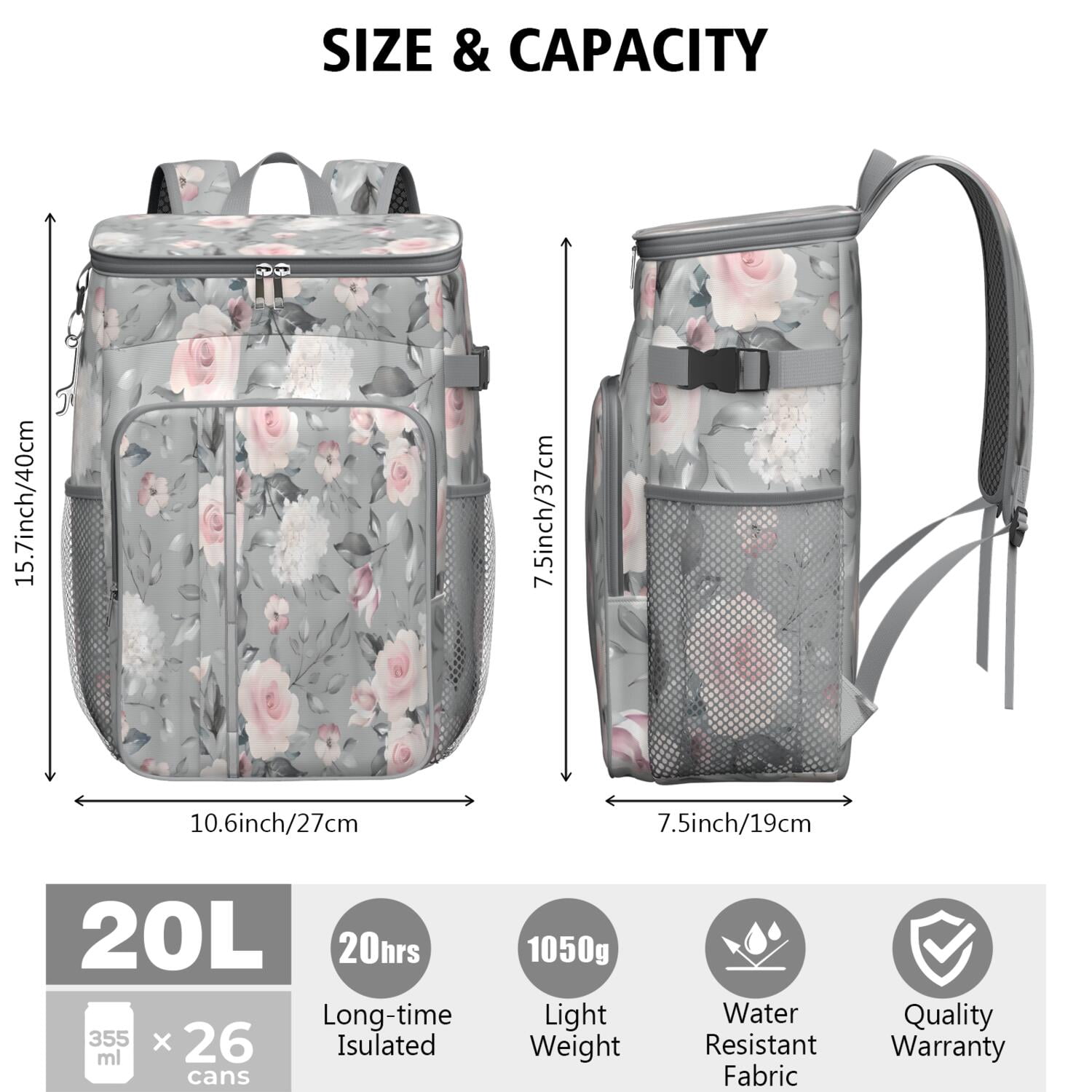 Travel Cooler Bag - Pioneer Flower Floral Print Pattern Camping Beer Cooler Backpack with Bottle Opener- Waterproof Insulated Picnic Backpacks - Cooler Bag for Beach