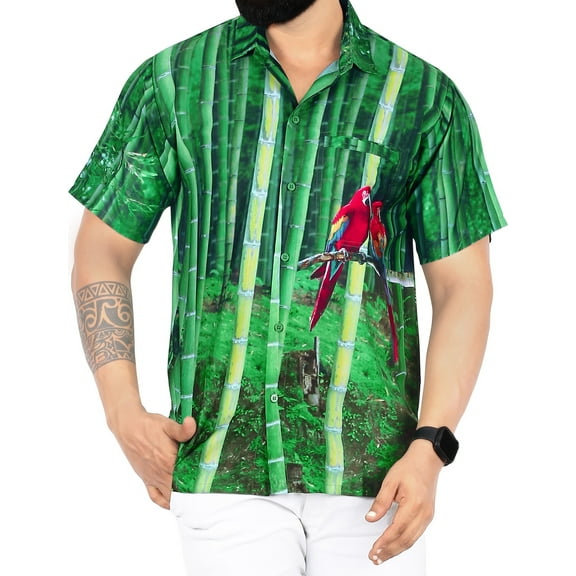 HAPPY BAY Men's Hawaiian Shirts Short Sleeve Button Down Shirt Mens Tropical Shirts Casual Vacation Summer Party Shirts for Men Funny M Parrot Bamboos, Green