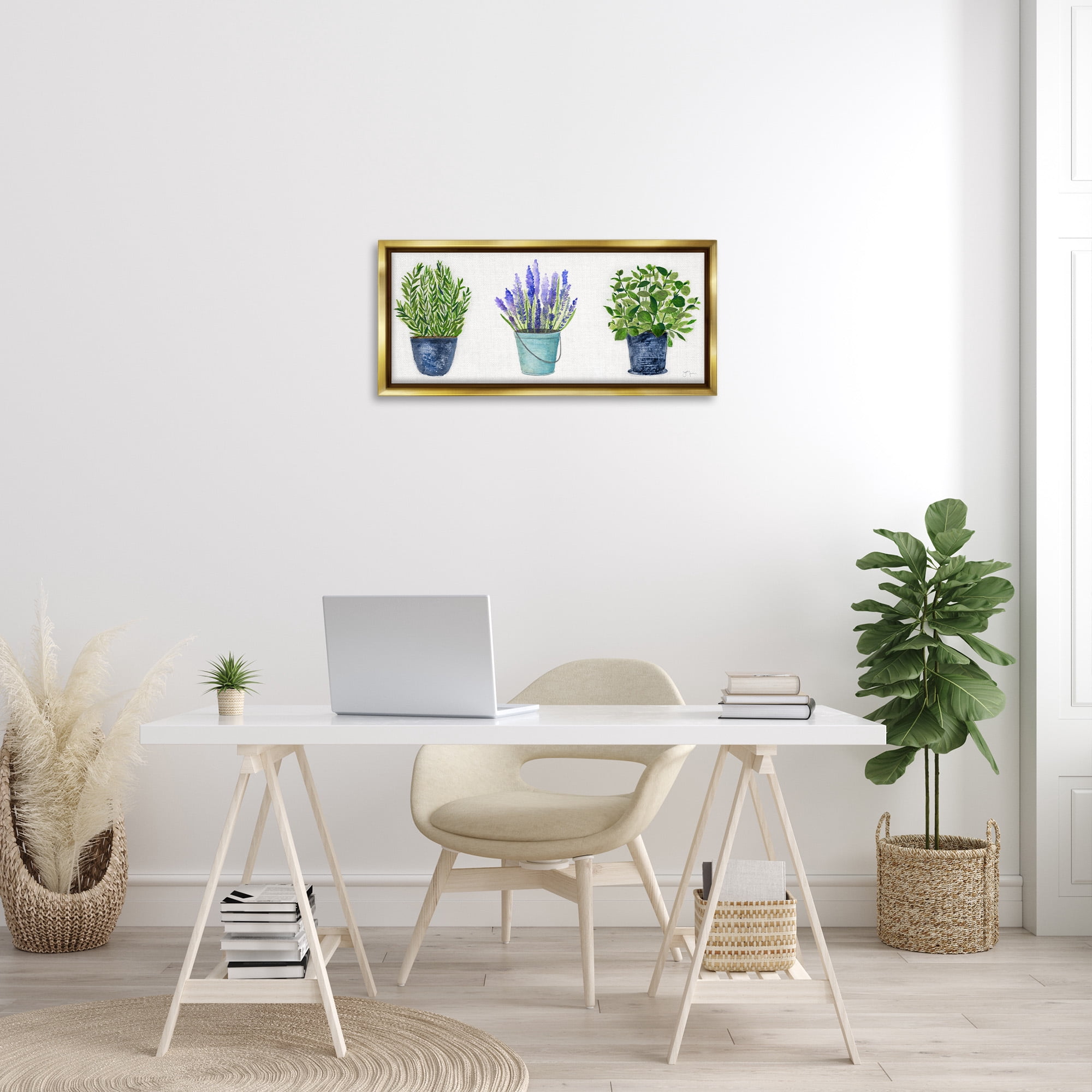 Stupell Industries Varied Potted Plants & Herbs Botanical & Floral Painting Gold Floater Framed Canvas Art Print Wall Art, 31 x 14