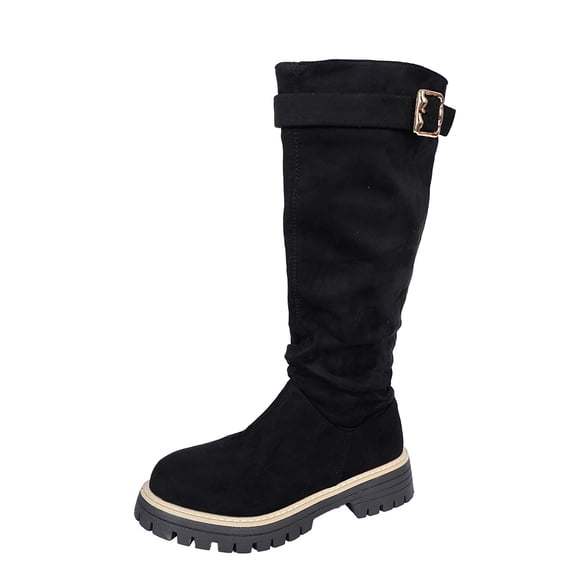 Dasayo Womens Boots Slouch Mid-Calf Wide Calf Black Motorcycle Buckle Chunky Low Heel Boots Women Shoes 36