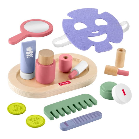 Fisher-Price Wooden Self-Care Play Set, 17-Piece Pretend Makeup Vanity Accessories for Kids