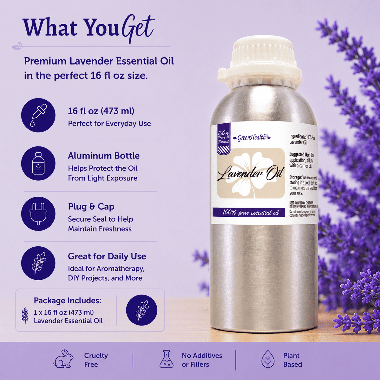 Lavender Essential Oil - 16 fl oz (473 ml) Aluminum Bottle w/Plug Cap - Therapeutic Grade - GreenHealth