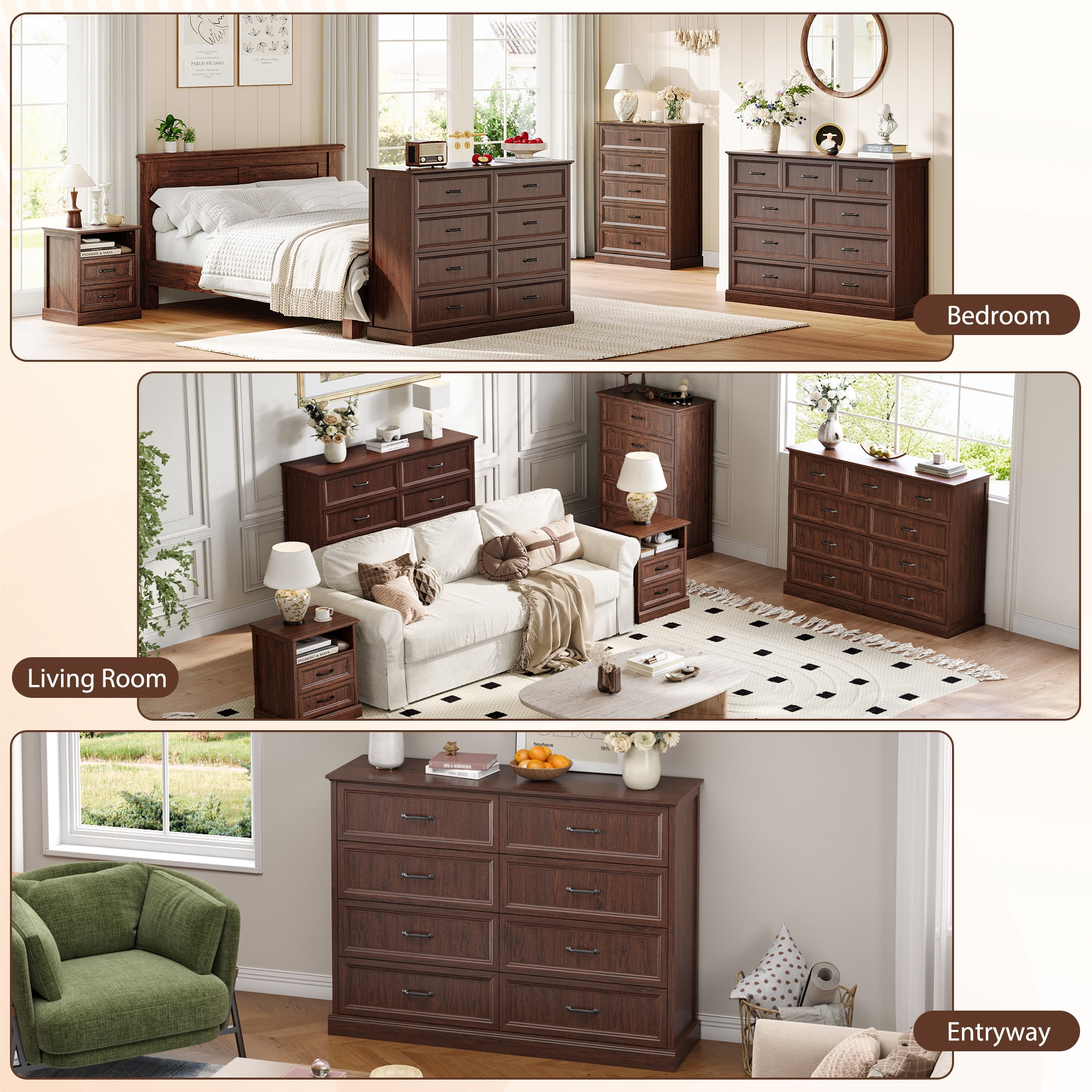 YouTrend Rustic 8-Drawer Wood Dresser, Large Storage Chest Organizer with Metal Handles for Bedroom, Living Room, Farmhouse Style Furniture,Brown