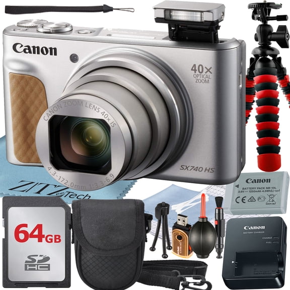 Canon PowerShot SX740 HS Digital Camera (Silver) with 40x Optical Zoom Lens SanDisk 64GB Memory Card Case ZeeTech Advanced Bundle