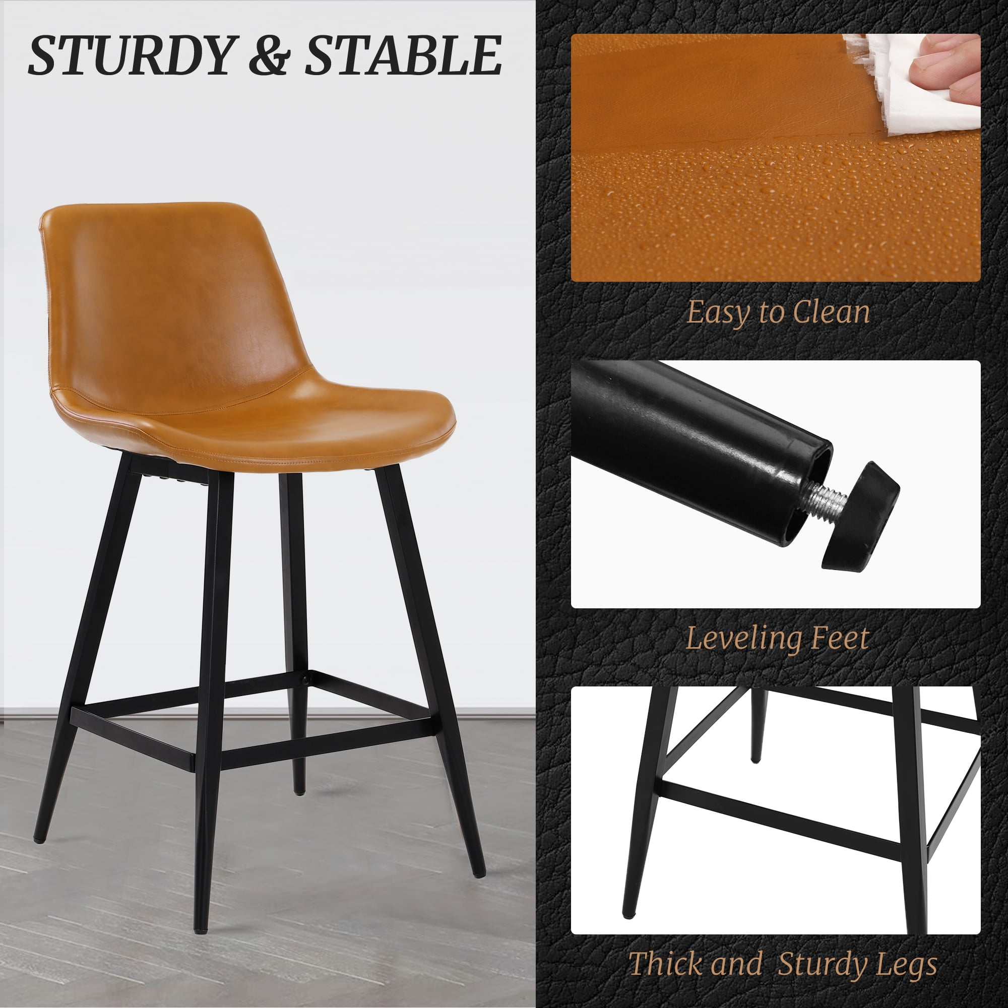 Dycanpo Modern Faux Leather 24 Inch,Counter Height Bar Stools Set of 3,for Home Kitchen, Whiskey Brown