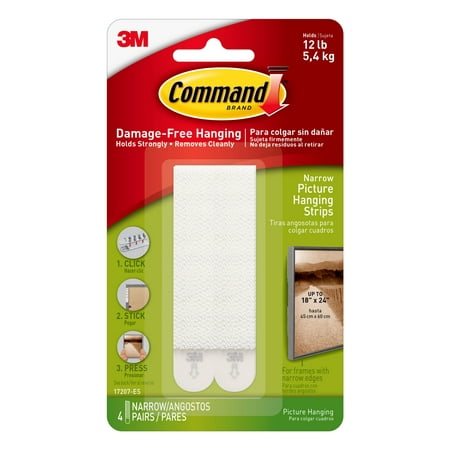 Command Narrow Picture Hanging Strips, White, 4 Pairs Strips/Pack