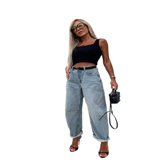 LYMAYTER Women Wide Leg Jeans Fashion Mid Waisted Baggy Straight Versatile for Denim Pants S-2XL