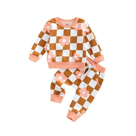 

jaweiw Toddler Baby Girls Casual Outfits Set Checkerboard Flower Printed Long Sleeve Tops Sweatshirt + Pockets Patchwork Long Pants Size 0 6 12 18 24 M 3 Years