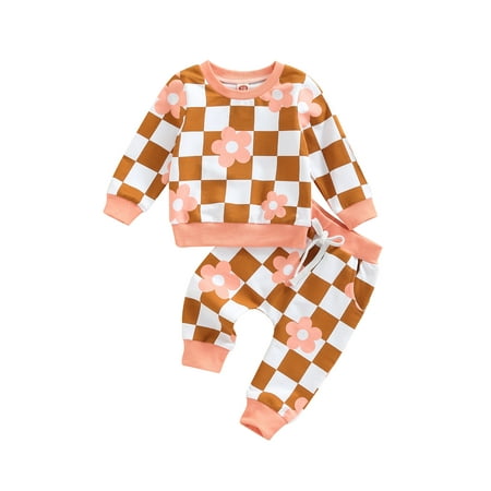 

SHIBAOZI Infant Baby Girls Checkerboard Floral Clothes Set Long Sleeve Pull On Top Long Pants Autumn Winter Outfits
