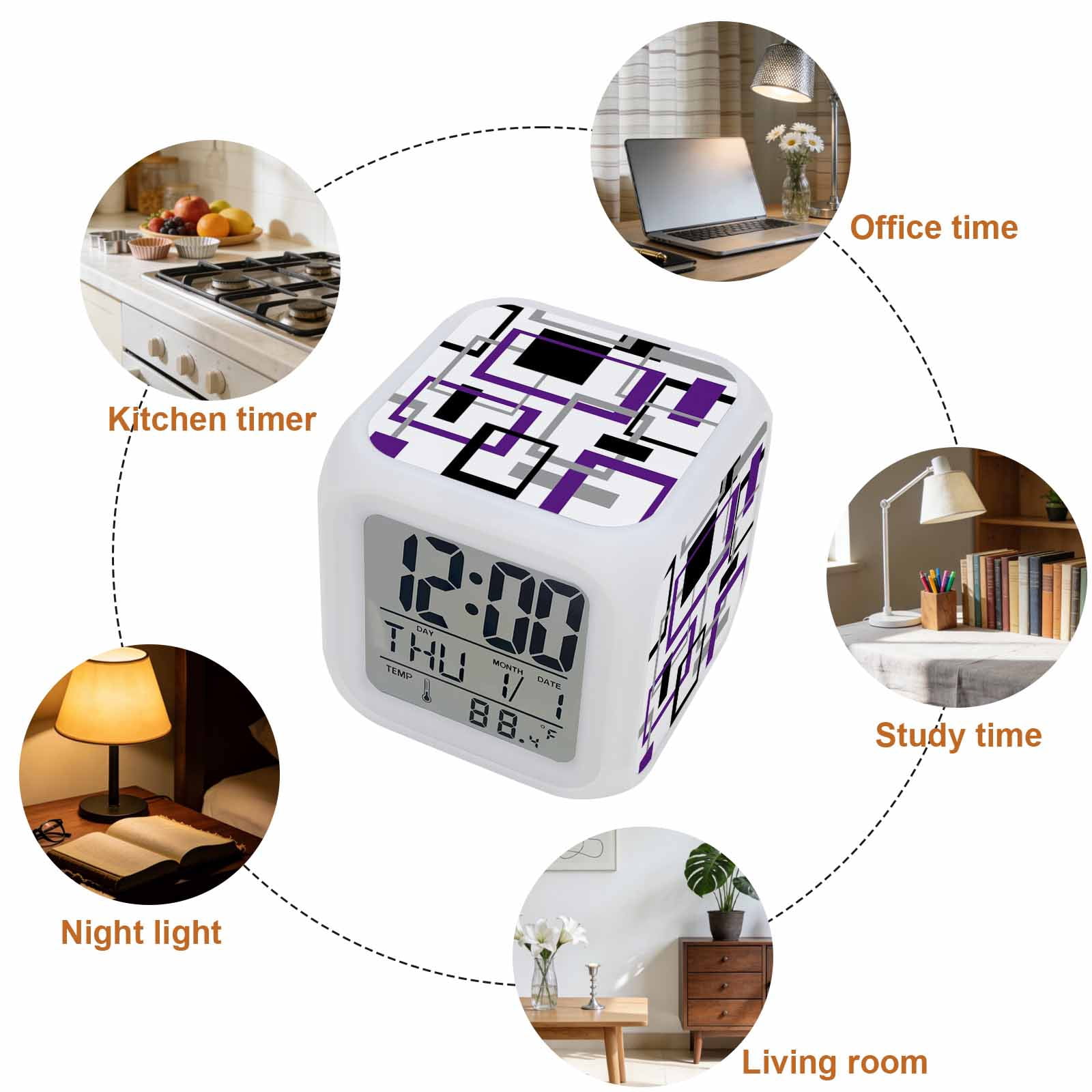 Purple Black Geometric Digital Alarm Clock for Bedrooms,Smart LED Alarm Clock with 7 Color Changing Night Light,Minimalist Stripes Abstract Art Silent Wake Up Clocks for Sleep Study Cooking 3.2"x3.2"