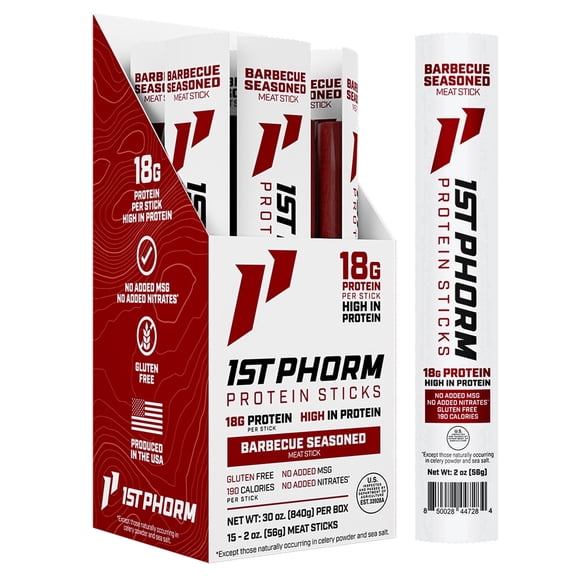 1st Phorm Protein Meat Sticks, Seasoned BBQ Flavor, 18g Protein Per 2 oz. Stick (15 Count)