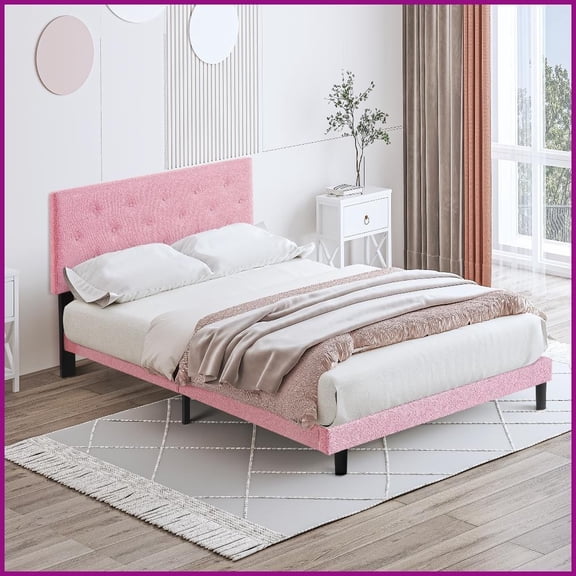 Queen Size Linen Upholstered Platform Bed Frame with Tufted Headboard, No Box Spring Needed, Wood Slat Support, Easy Assembly, Pink for Bedroom