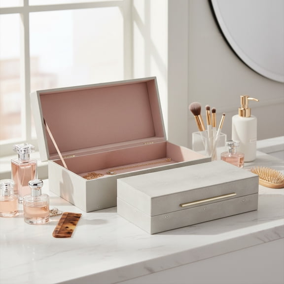 Faux Leather Decorative Boxes with Lid for Home Organizer - Glam Storage Box for Jewelry and Keepsake - Home Accents for Living Room and Shelf Styling - Set of 2, 4", 3", Ivory & Gold