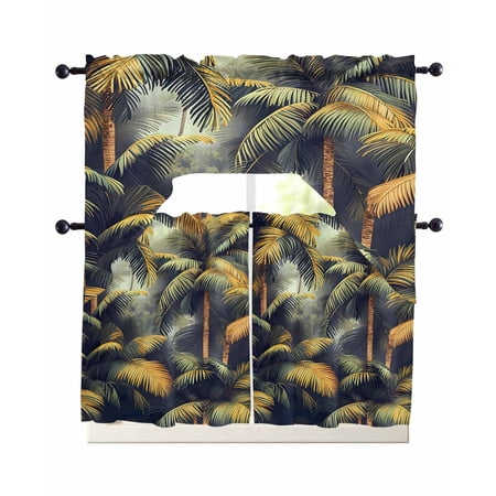 Tropical Plant Kitchen Curtains Set for Windows 3 Piece Cafe Curtains 24 Inch Length Swag Curtains Valances and Tier Set Summer Botanical Palm Tree Leaves Retro Drapes for Bedroom Bathroom