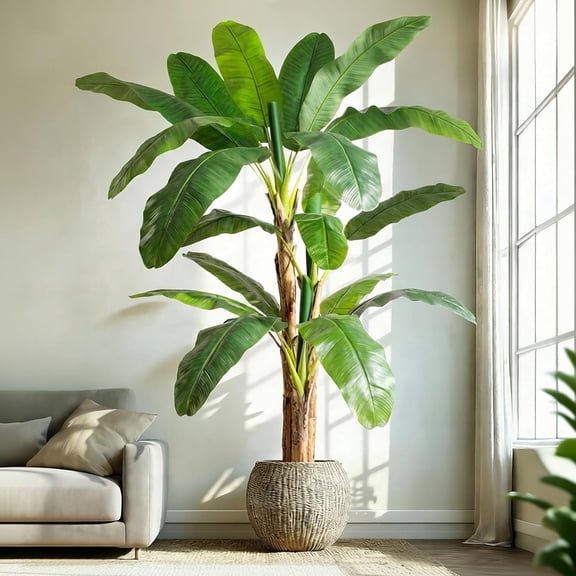 7FT Artificial Banana Tree Tall Fake Banana Leaf Plant Faux Banana Silk Tree Faux Banana Leaves for Home Swimming Pool Indoor Outdoor Patio Tropical Decor