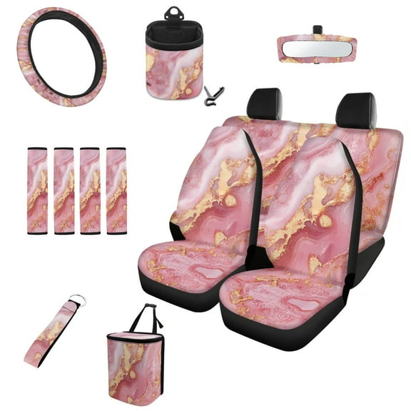 Garronmavis Marble Pattern Car Seat Cover Full Set 13 Pieces Steering Wheel Cover Seatbelt Shoulder Pad Rearview Mirror Cover Garbage Bins Rear View Mirror Cover Keychain Air Vent Storage Pouch