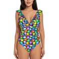 thumbnail image 2 of Yiaed Colorful Easter Eggs1 Print Women's Ruffled One Piece Swimsuit V Neck Swimwear Slimming Monokini for Woman-Medium, 2 of 8