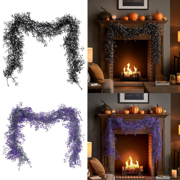 Ratán Plástico Guirnalda colgante de ratán negro de 180 cm con hojas artificiales para decoración de interiores, chimenea o fiestas (1 unidad) Rkxzt