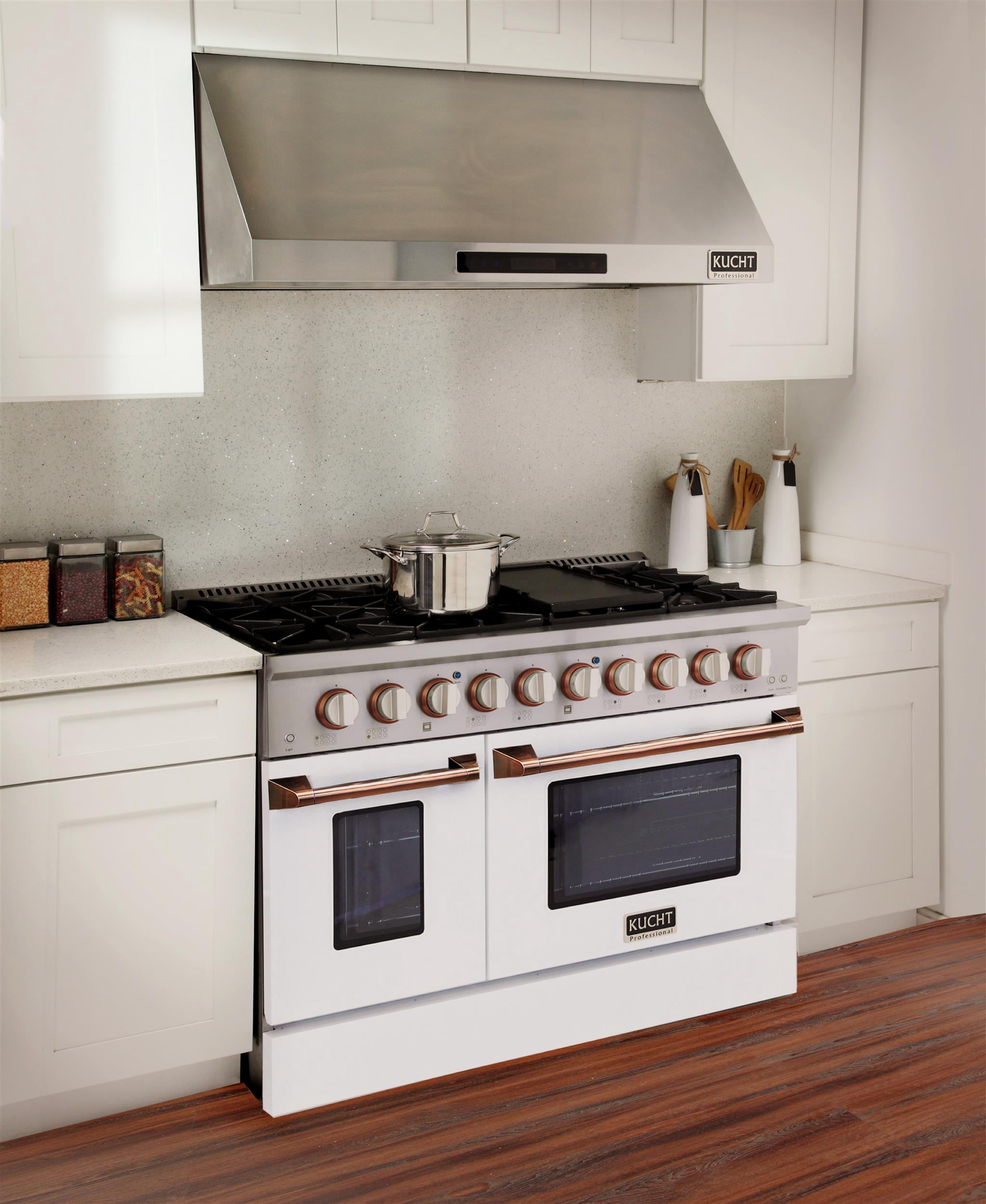 48 in. 6.7 cu. ft. Dual Fuel Range for Natural Gas in White and Rose Gold