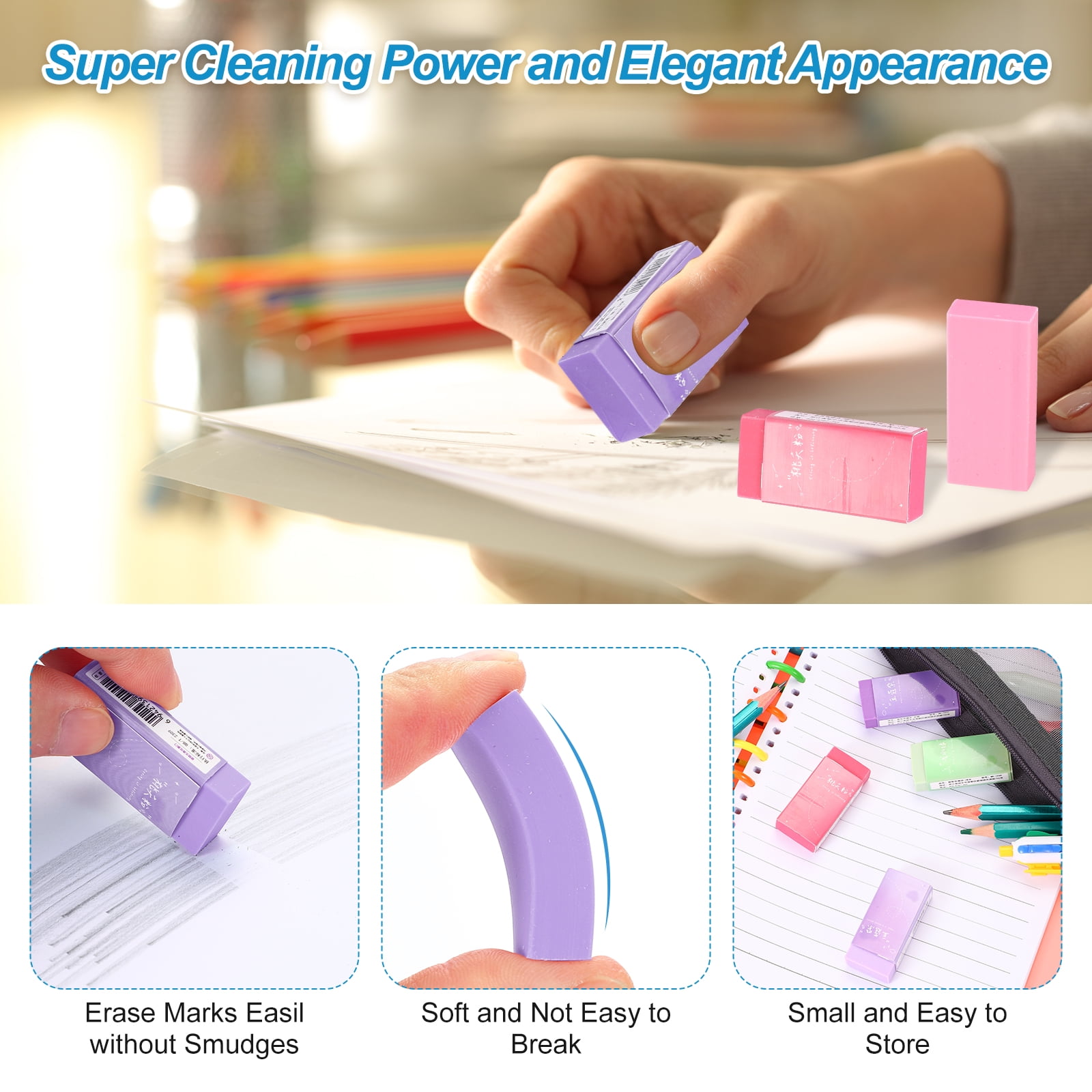 Uxcell Pencil Erasers, 36 Pcs Rubber Colorful Gradient Eraser Rectangular Eraser, Purple