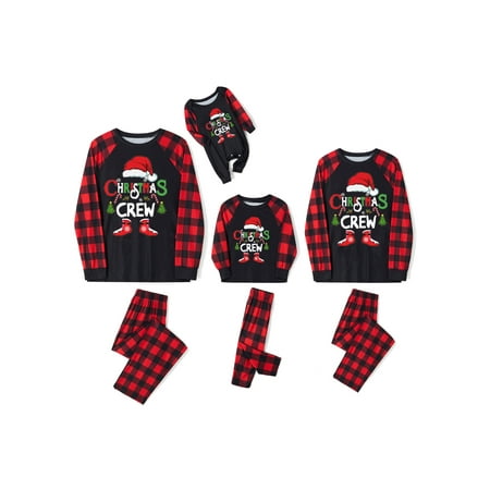

Seyurigaoka Family Matching Christmas Pajamas Outfit Letter Christmas Hat Print Long Sleeve Tops + Plaid Pants Sleepwear + Romper for Adult Kids Baby
