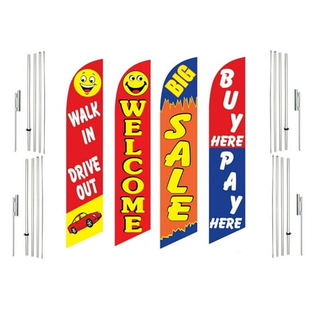 4 Swooper Flags With 4 Pole Kits Walk In Drive Out Welcome Big Sale Buy Pay Here