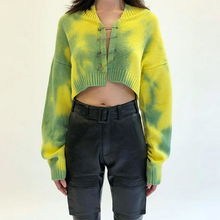 Women Long Sleeve V-Neck Tie-Dye Sweater Coat Safety Pin Women Long Sleeve V-Neck Tie-Dye Sweater Coat Safety Pin