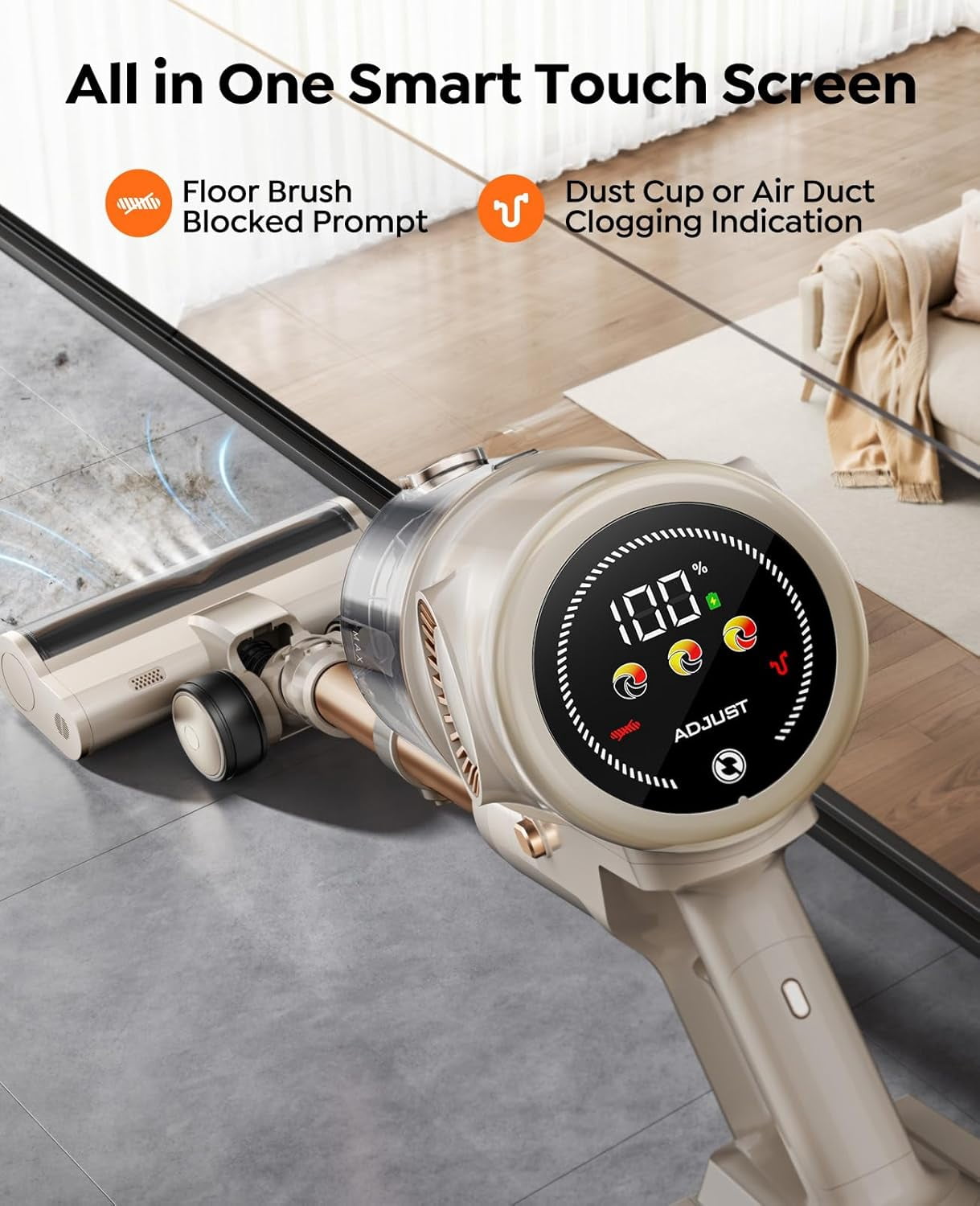 Cordless Stick Vacuum Cleaner, 50kPa, up to 80 minutes runtime, self-standing, touch screen, anti-tangle,for Carpet,Hard Floor, Pet Hair