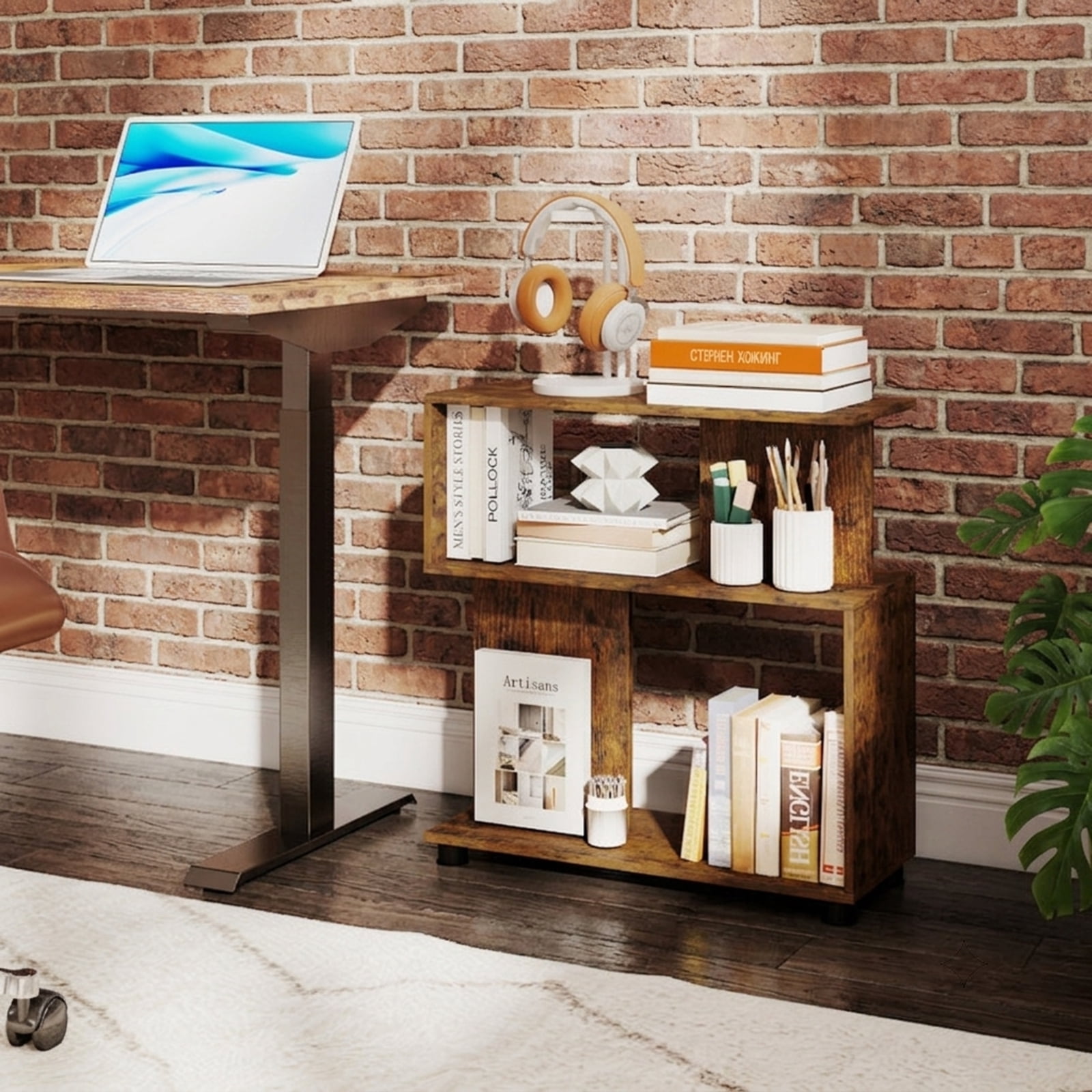 Furnibear 3-Tier Modern S-Shaped Bookshelf with Reversible Design Adjustable Feet and Anti-Tipping Kits for Living Room and Study, Rustic, Brown