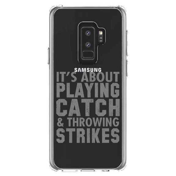 DistinctInk Clear Shockproof Hybrid Case for Samsung Galaxy S9  PLUS (6.2" Screen) - TPU Bumper Acrylic Back Tempered Glass Screen Protector - It's About Playing Catch & Throwing Strikes