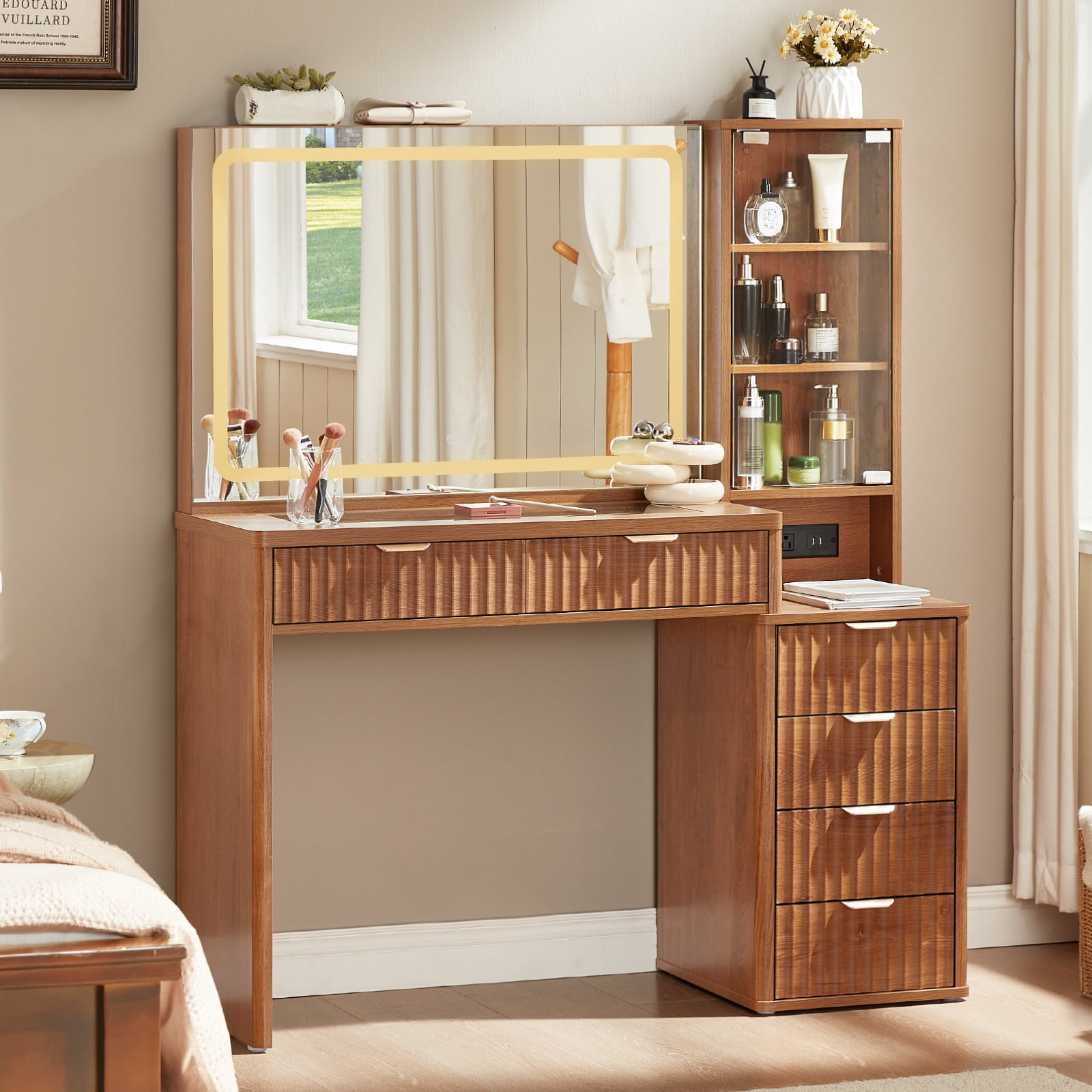 43.5" Fluted Vanity Desk with Mirror, LED Light, Power Outlet, Makeup Vanity with Storage Cabinet and Foldable Panel, Vanity Set with Cushioned Stool - Brown