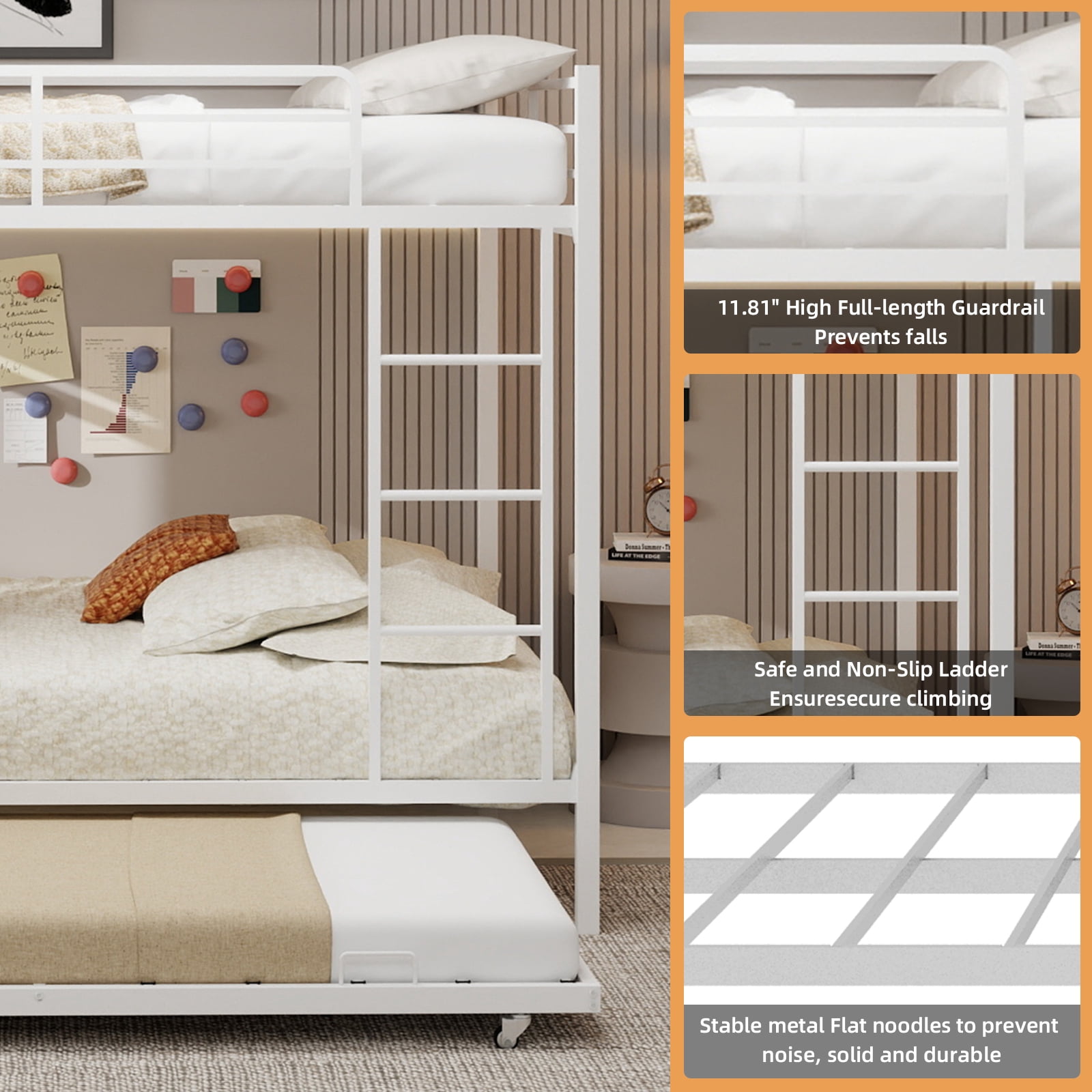 Miniyam Metal Queen over Queen Bunk Bed with Trundle, Space Saving Bunk Bed Frame with Ladder and Guardrails for Dorm, Apartment, White