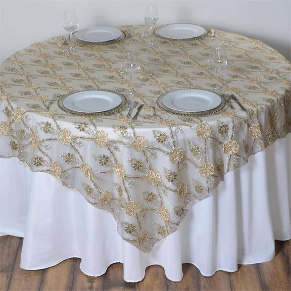 Efavormart 72" x 72" Champagne Lace Netting Square Tablecloth Overlay For Wedding Catering Party Table Top Decor