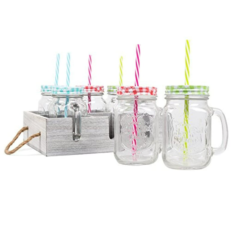 Glass Drinking Mason Jar Cups with Handle & Wooden Carrier with