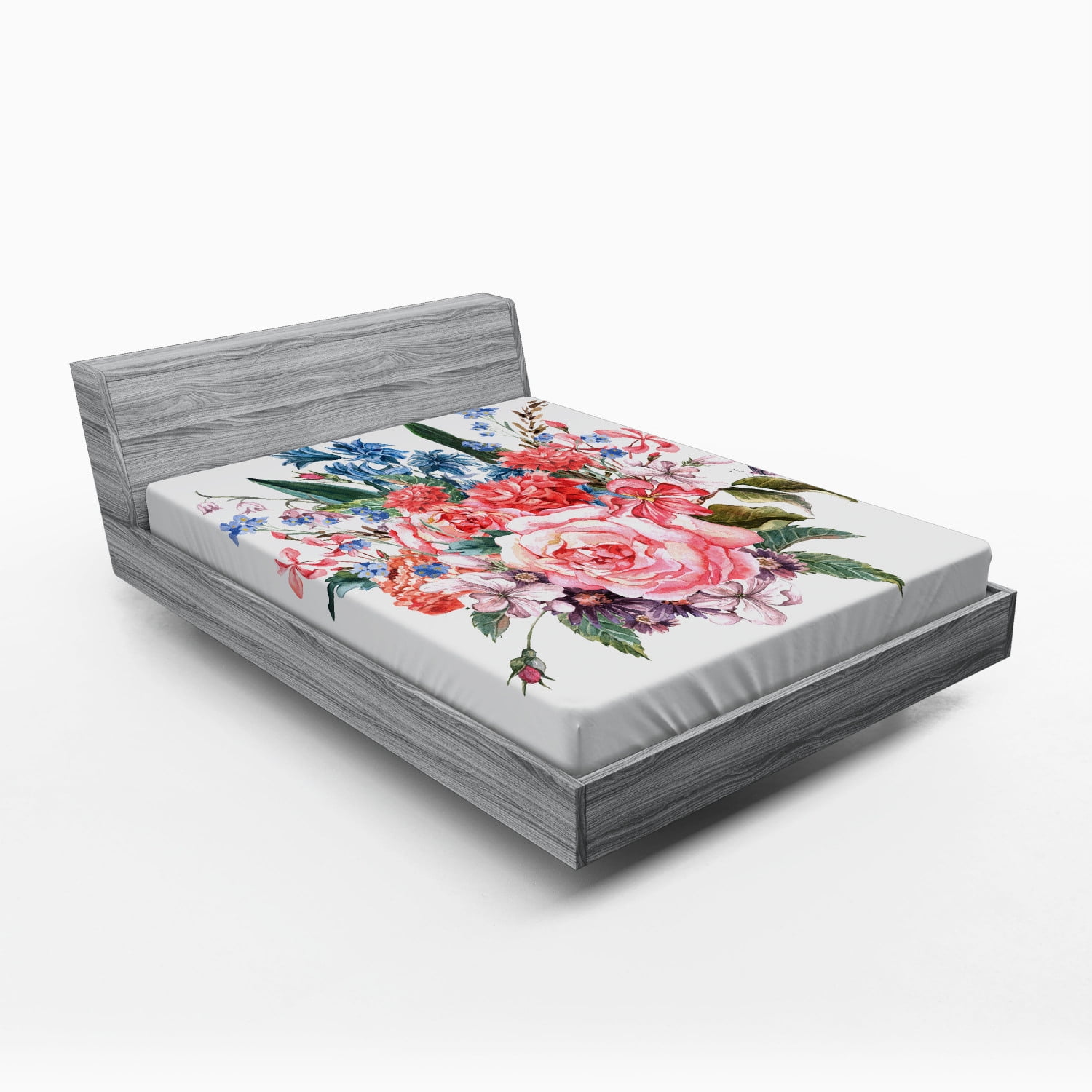 Flower Fitted Sheet, Bouquet of Garden Mountain Flowers with Roses and Daisises Buds and Leaves