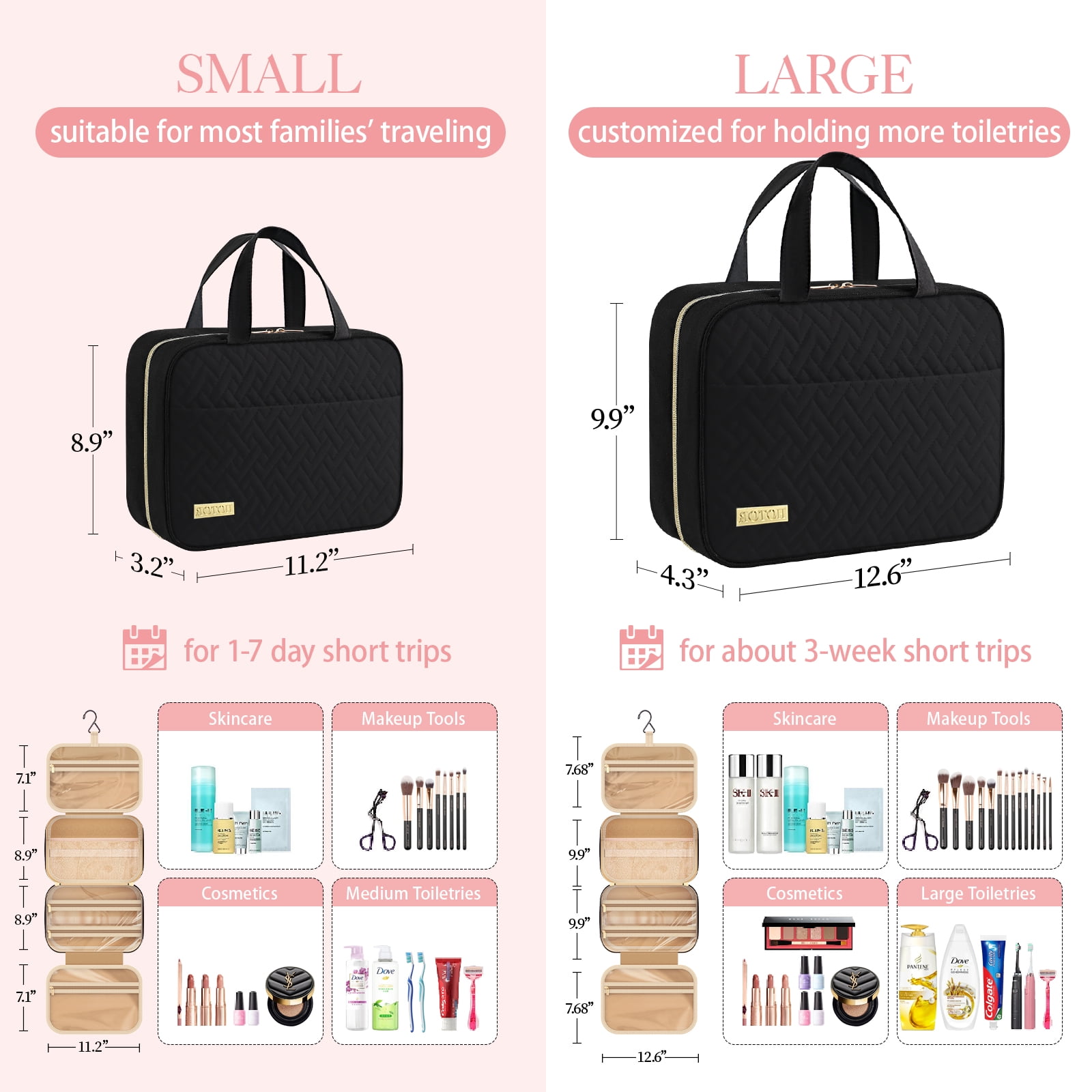 HOTOR Travel Toiletry Bag for Women & Men, Spacious Hanging Hook Makeup Bag for Travel Size Toiletries, Black