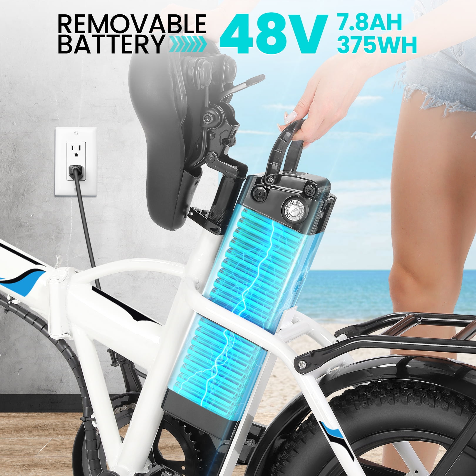Elifine 16" x 3.0 One-Piece Fat Tire Foldable Electric Bicycle,Peak 700W Electric Bike for Adults Women,48V 374.4Wh Removable Battery Ebikes, 20MPH Commuter E Bike for Teenager UL 2849