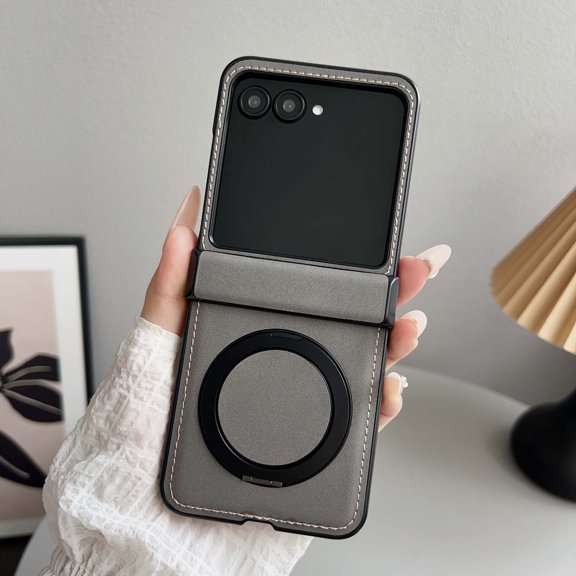 Designed for Motorola Razr  2024 PU Leather Phone Case,360°Rotatable Ring Kickstand,With Hinge Protection,Shockproof Anti-fall Durable Rugged Slim Magnetic Phone Case,Gray