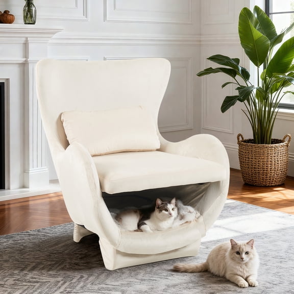 AuraPet Furniture Style 2 in 1 Pet Friendly Modern Velvet Lounge Chair, Upholstered Back Accent Chair Leisure Single Sofa Chair for Living Room Office, White